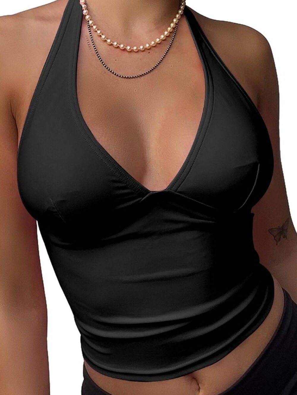 Black V-Neck Halter Crop Top